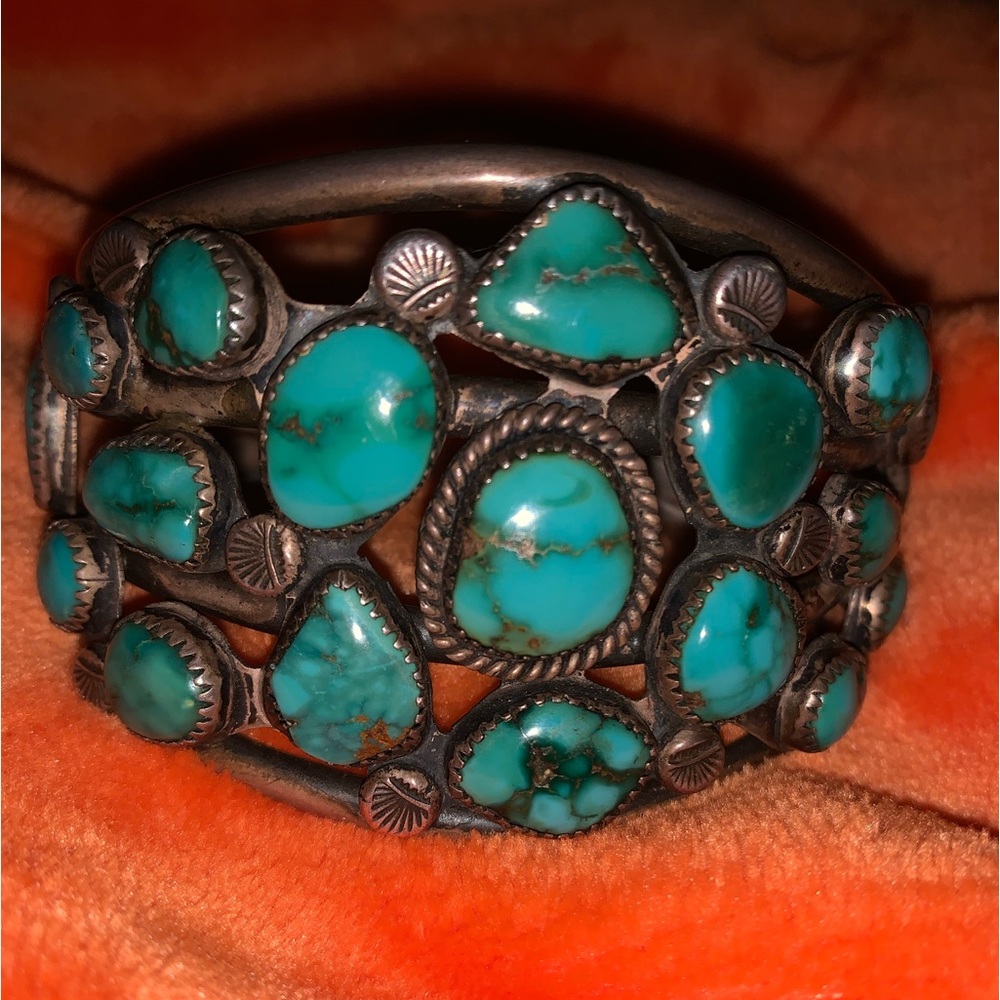 Vintage Turquoise Silver Cuff Bracelet Native American Navajo Dead Pawn
